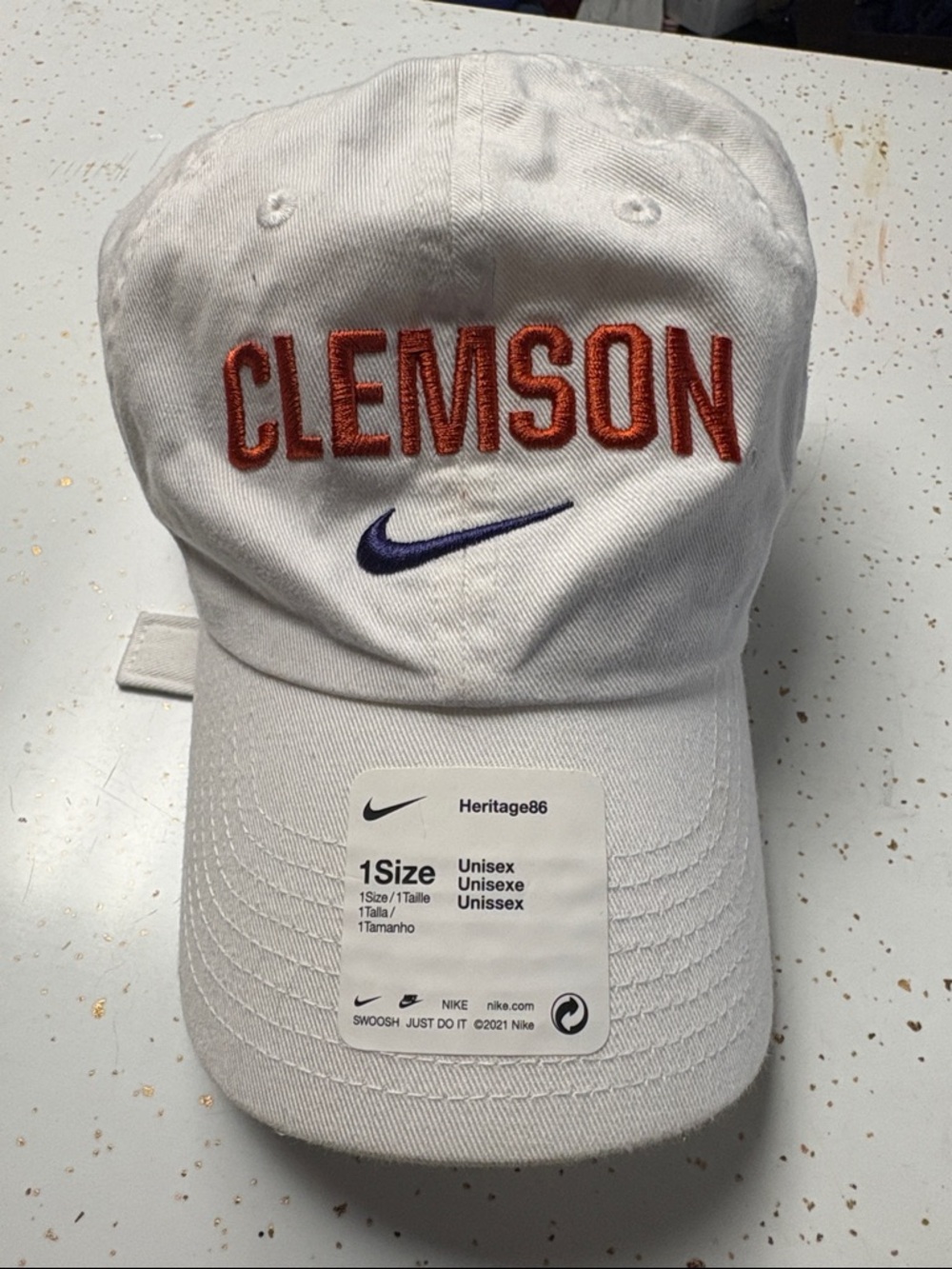 Nike White Hat with Orange CLEMSON Embroidery and Purple Swoosh